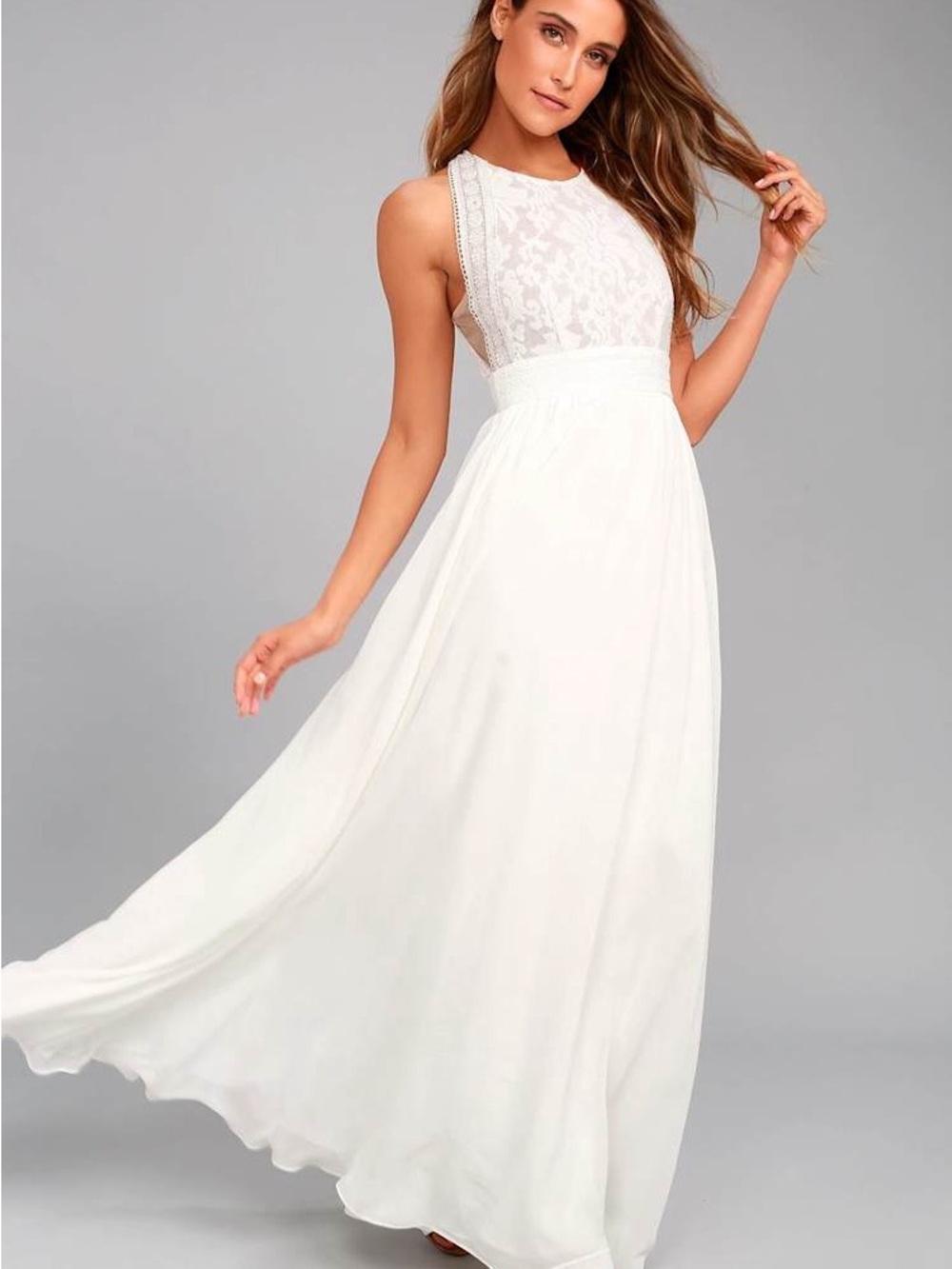LULUS Elegant White Lace Halter Maxi Dress